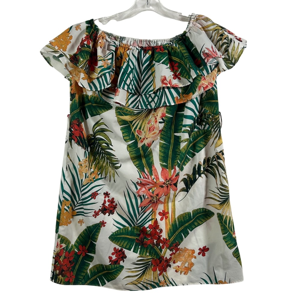 Lucy Wang Women Tropical Floral Off Shoulder Ruffle Mini Dress White Green Small